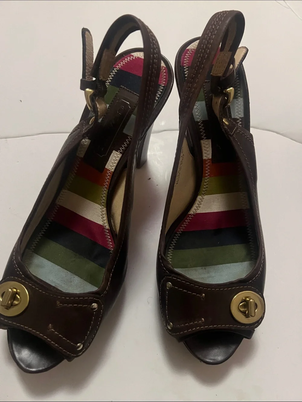 Coach Keira Brown Leather Slingback Heels with Multicolor Striped Insole 8 1/2B
